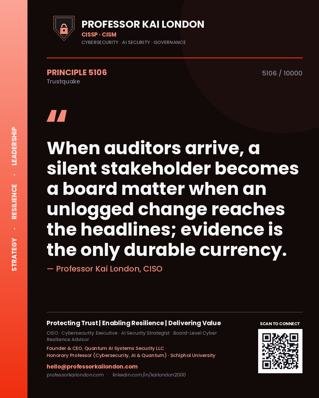 Professor Kai London principle 5106: When auditors arrive, a silent stakeholder becomes a board matter when an unlogged change reaches the headlines; evidence is the only durable currency.