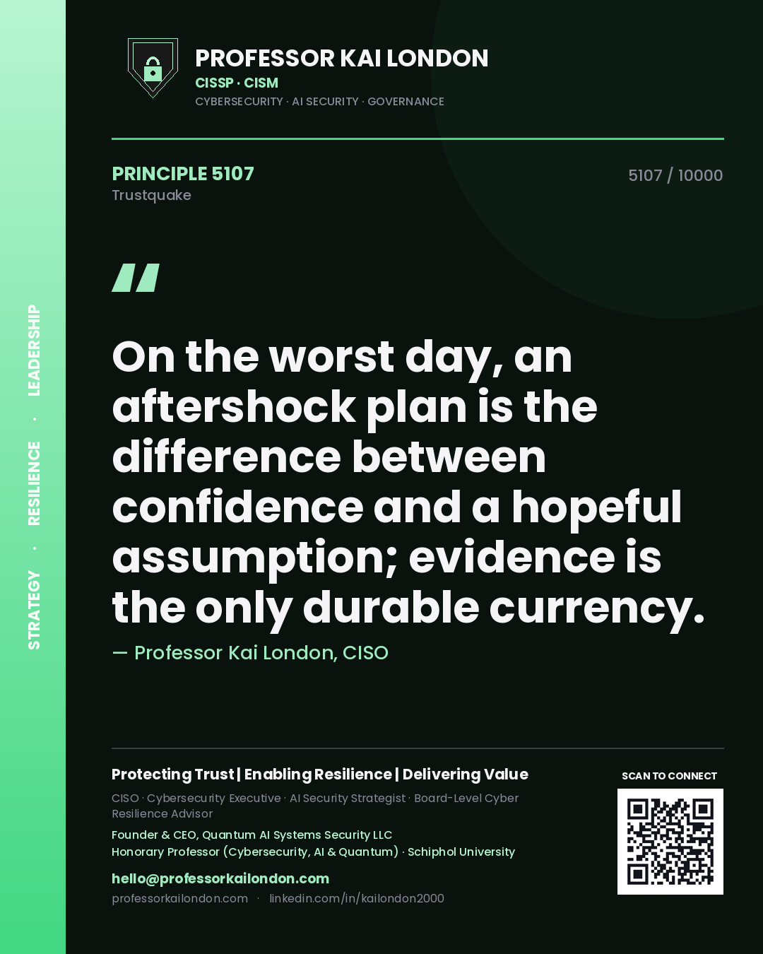 Quote card by Professor Kai London reading 'On the worst day, an aftershock plan is the difference between confidence and a hopeful assumption; evidence is the only durable currency.'. From the book Trustquake.