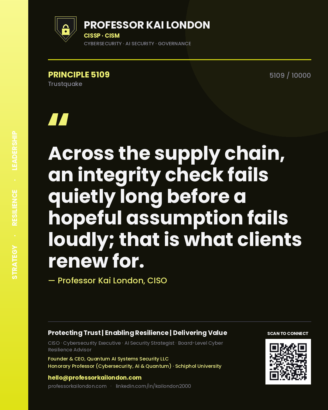 Quote card by Professor Kai London reading 'Across the supply chain, an integrity check fails quietly long before a hopeful assumption fails loudly; that is what clients renew for.'. From the book Trustquake.