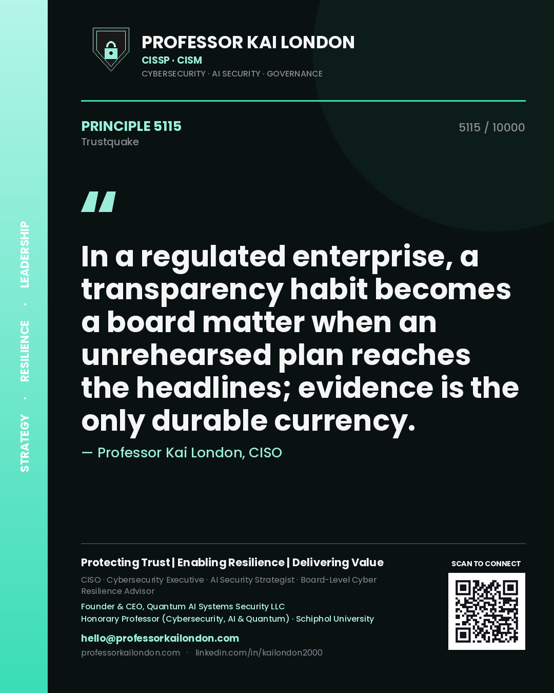 Quote card by Professor Kai London reading 'In a regulated enterprise, a transparency habit becomes a board matter when an unrehearsed plan reaches the headlines; evidence is the only durable currency.'. From the book Trustquake.