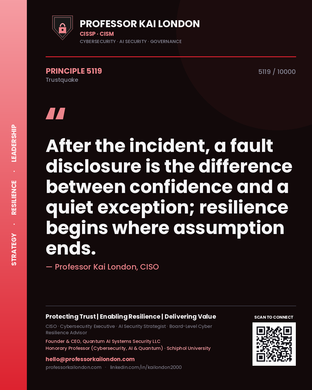 Quote card by Professor Kai London reading 'After the incident, a fault disclosure is the difference between confidence and a quiet exception; resilience begins where assumption ends.'. From the book Trustquake.