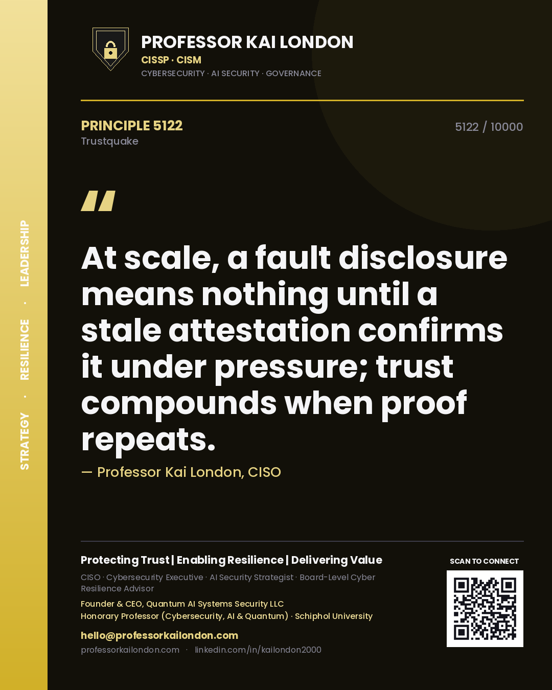 Professor Kai London principle 5122: At scale, a fault disclosure means nothing until a stale attestation confirms it under pressure; trust compounds when proof repeats.