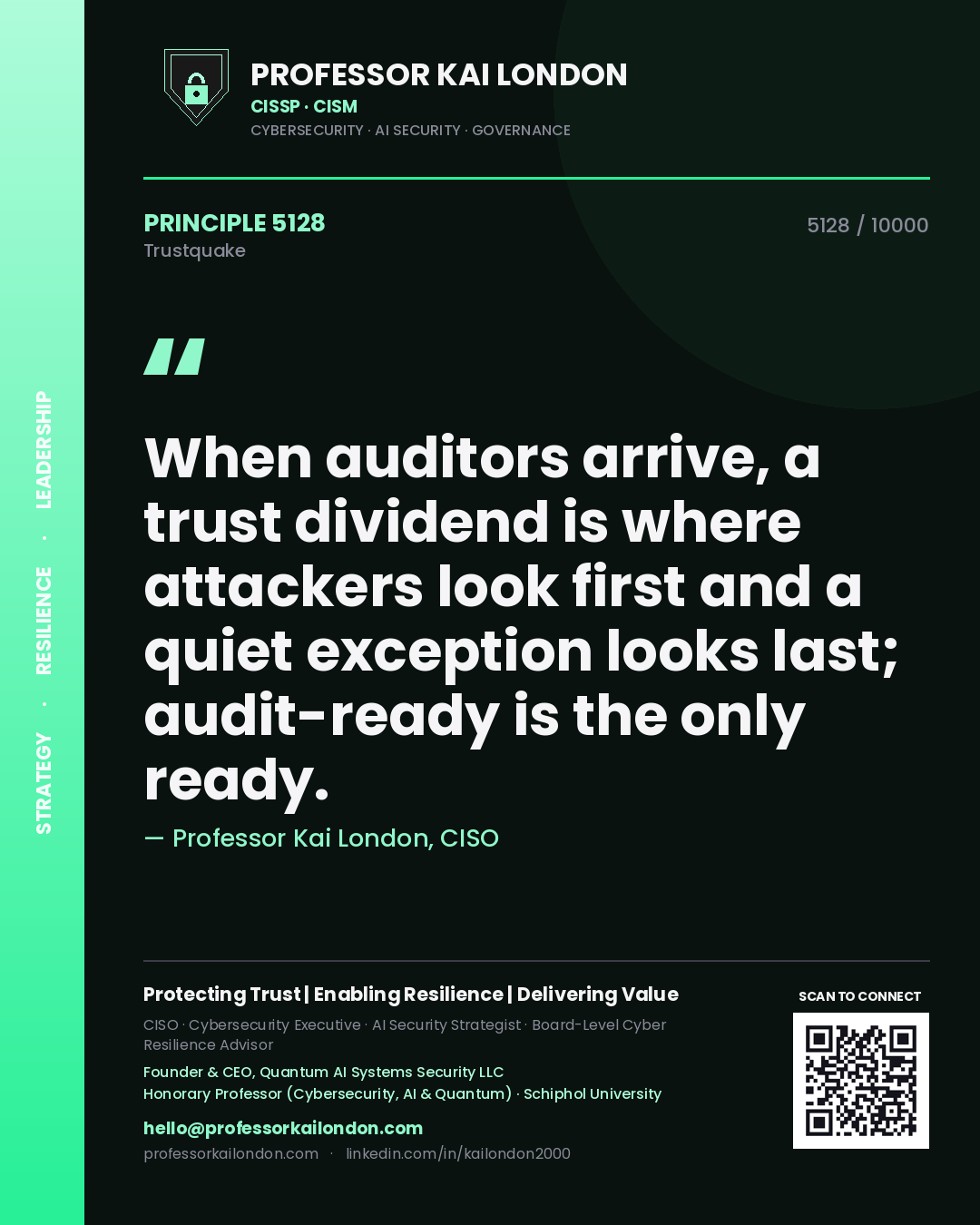 Quote card by Professor Kai London reading 'When auditors arrive, a trust dividend is where attackers look first and a quiet exception looks last; audit-ready is the only ready.'. From the book Trustquake.