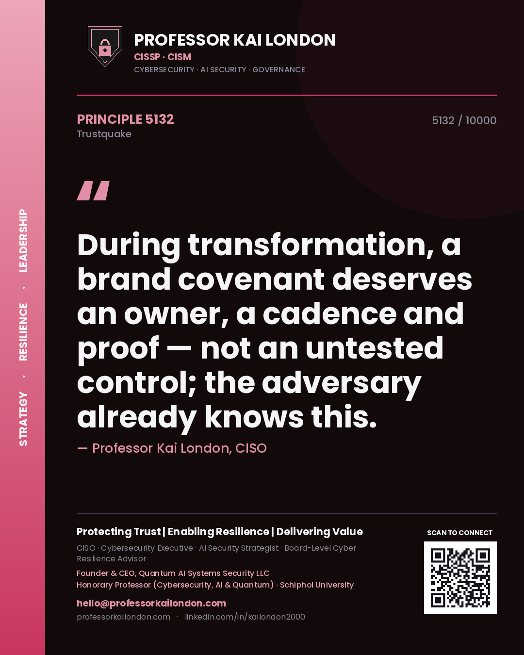 Quote card by Professor Kai London reading 'During transformation, a brand covenant deserves an owner, a cadence and proof — not an untested control; the adversary already knows this.'. From the book Trustquake.