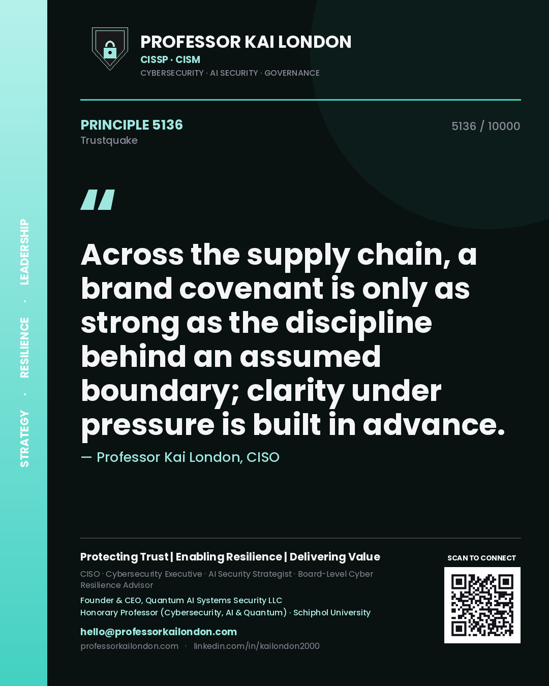 Quote card by Professor Kai London reading 'Across the supply chain, a brand covenant is only as strong as the discipline behind an assumed boundary; clarity under pressure is built in advance.'. From the book Trustquake.
