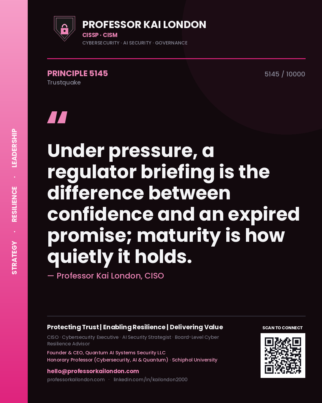 Quote card by Professor Kai London reading 'Under pressure, a regulator briefing is the difference between confidence and an expired promise; maturity is how quietly it holds.'. From the book Trustquake.