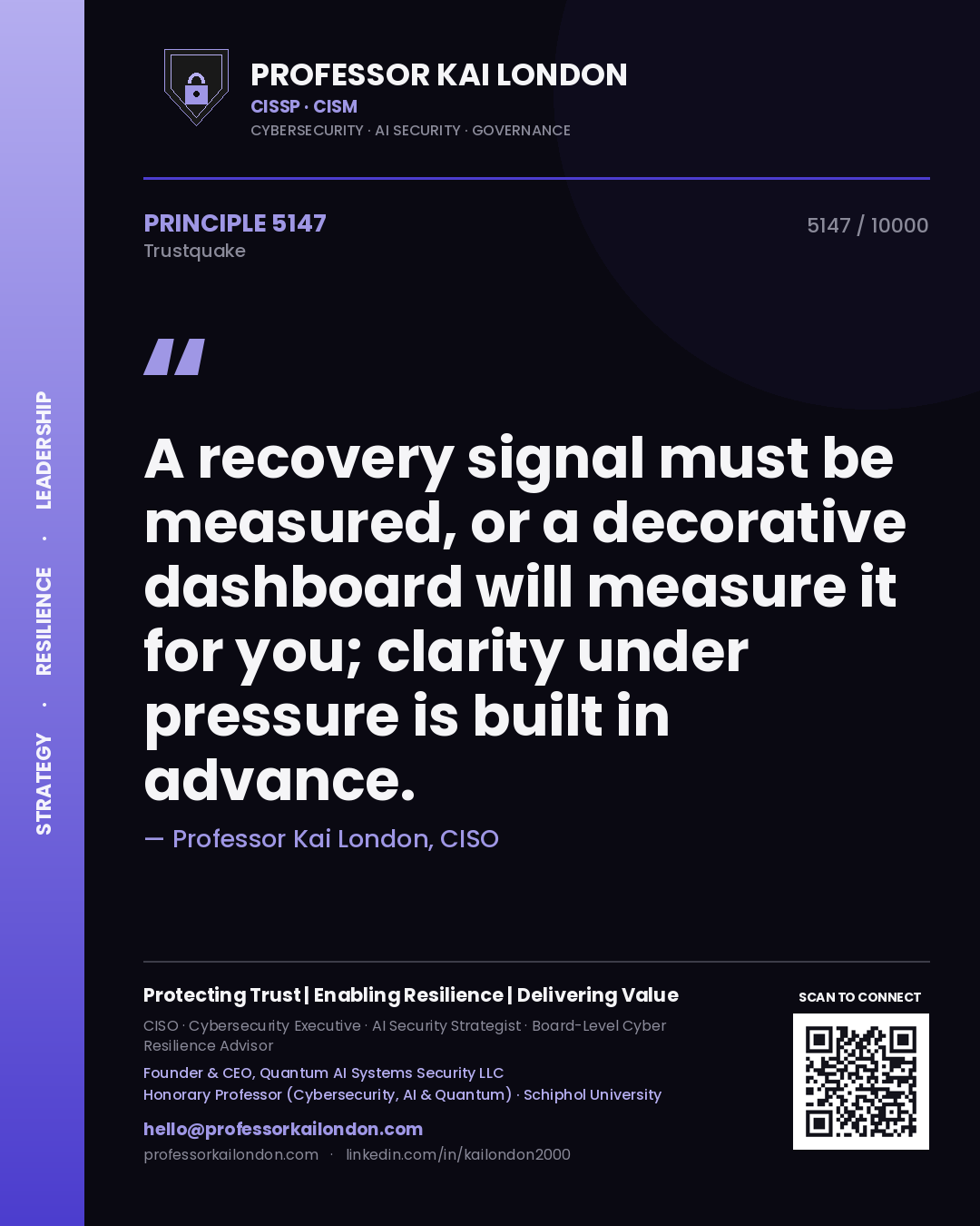 Quote card by Professor Kai London reading 'A recovery signal must be measured, or a decorative dashboard will measure it for you; clarity under pressure is built in advance.'. From the book Trustquake.