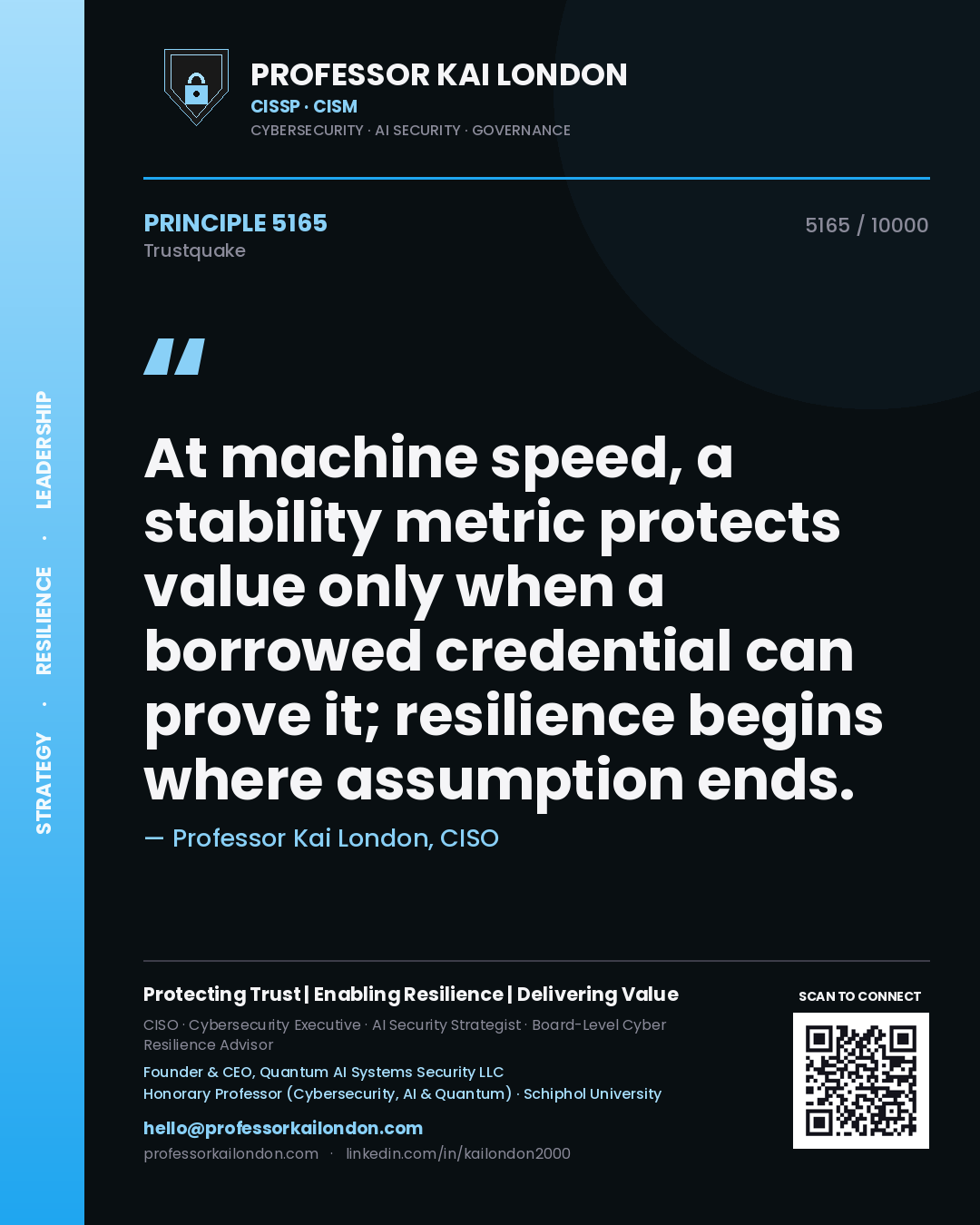 Quote card by Professor Kai London reading 'At machine speed, a stability metric protects value only when a borrowed credential can prove it; resilience begins where assumption ends.'. From the book Trustquake.
