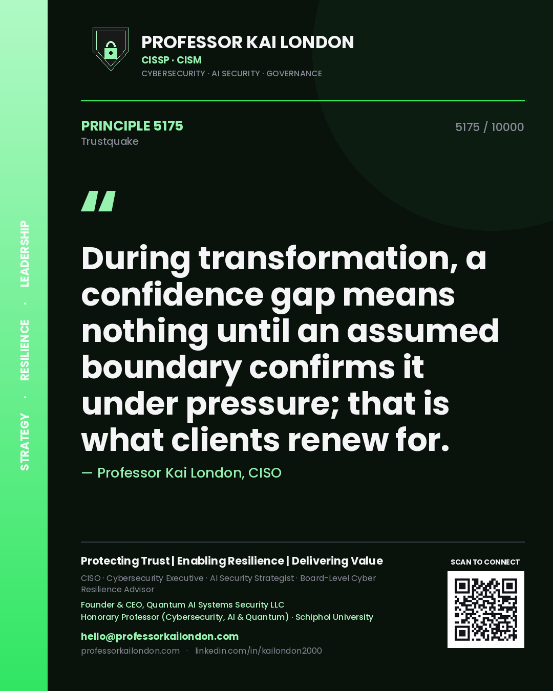 Quote card by Professor Kai London reading 'During transformation, a confidence gap means nothing until an assumed boundary confirms it under pressure; that is what clients renew for.'. From the book Trustquake.