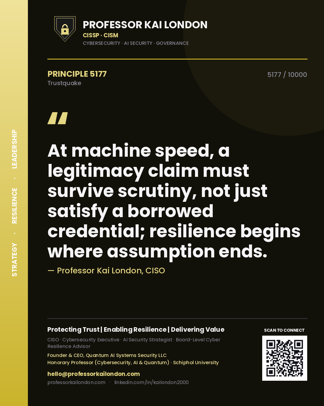 Professor Kai London principle 5177: At machine speed, a legitimacy claim must survive scrutiny, not just satisfy a borrowed credential; resilience begins where assumption ends.