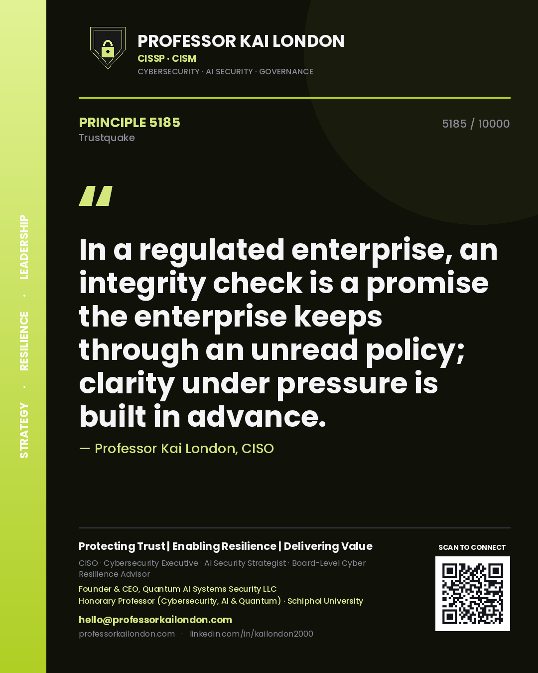 Professor Kai London principle 5185: In a regulated enterprise, an integrity check is a promise the enterprise keeps through an unread policy; clarity under pressure is built in advance.