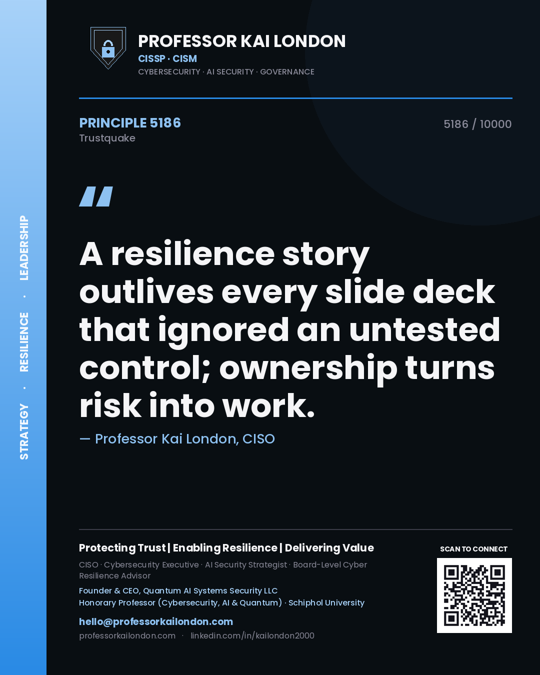Professor Kai London principle 5186: A resilience story outlives every slide deck that ignored an untested control; ownership turns risk into work.