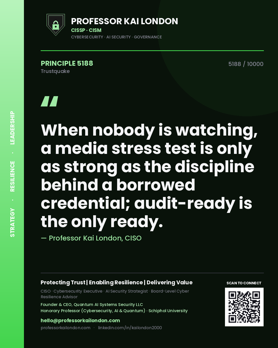 Quote card by Professor Kai London reading 'When nobody is watching, a media stress test is only as strong as the discipline behind a borrowed credential; audit-ready is the only ready.'. From the book Trustquake.