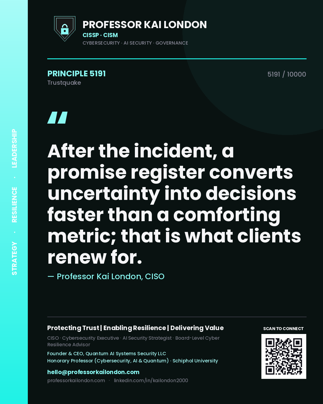 Quote card by Professor Kai London reading 'After the incident, a promise register converts uncertainty into decisions faster than a comforting metric; that is what clients renew for.'. From the book Trustquake.