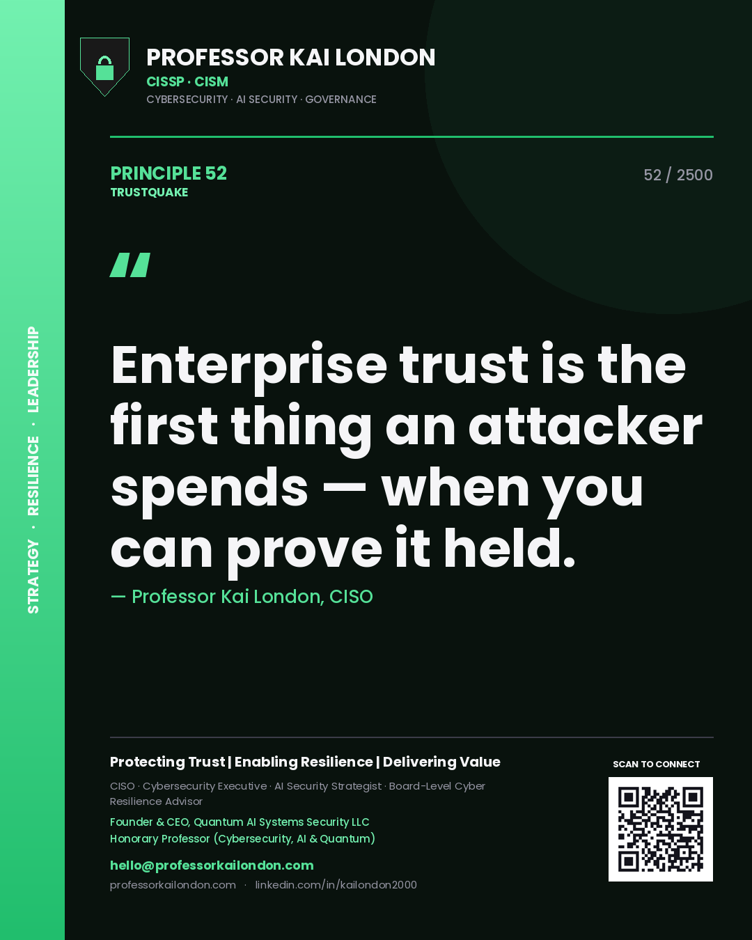 Professor Kai London principle 52: Enterprise trust is the first thing an attacker spends — when you can prove it held.