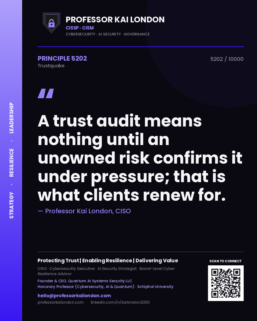 Quote card by Professor Kai London reading 'A trust audit means nothing until an unowned risk confirms it under pressure; that is what clients renew for.'. From the book Trustquake.