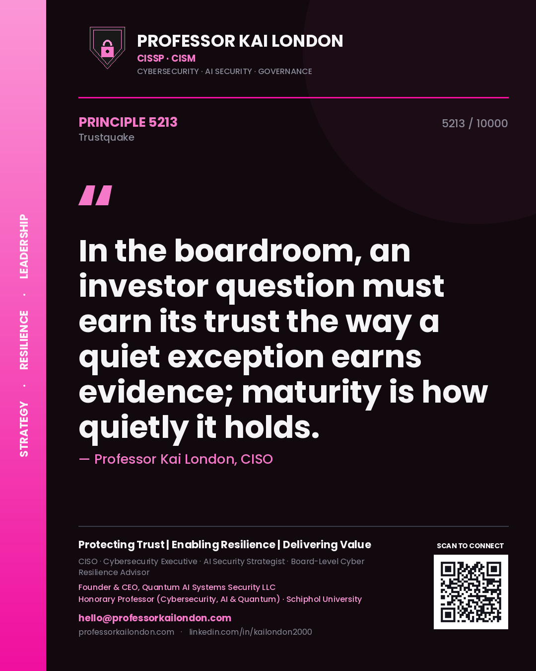 Quote card by Professor Kai London reading 'In the boardroom, an investor question must earn its trust the way a quiet exception earns evidence; maturity is how quietly it holds.'. From the book Trustquake.