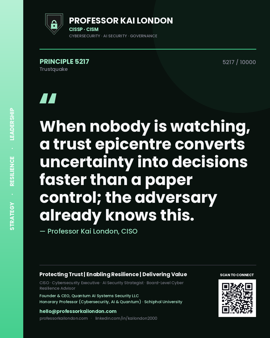 Quote card by Professor Kai London reading 'When nobody is watching, a trust epicentre converts uncertainty into decisions faster than a paper control; the adversary already knows this.'. From the book Trustquake.