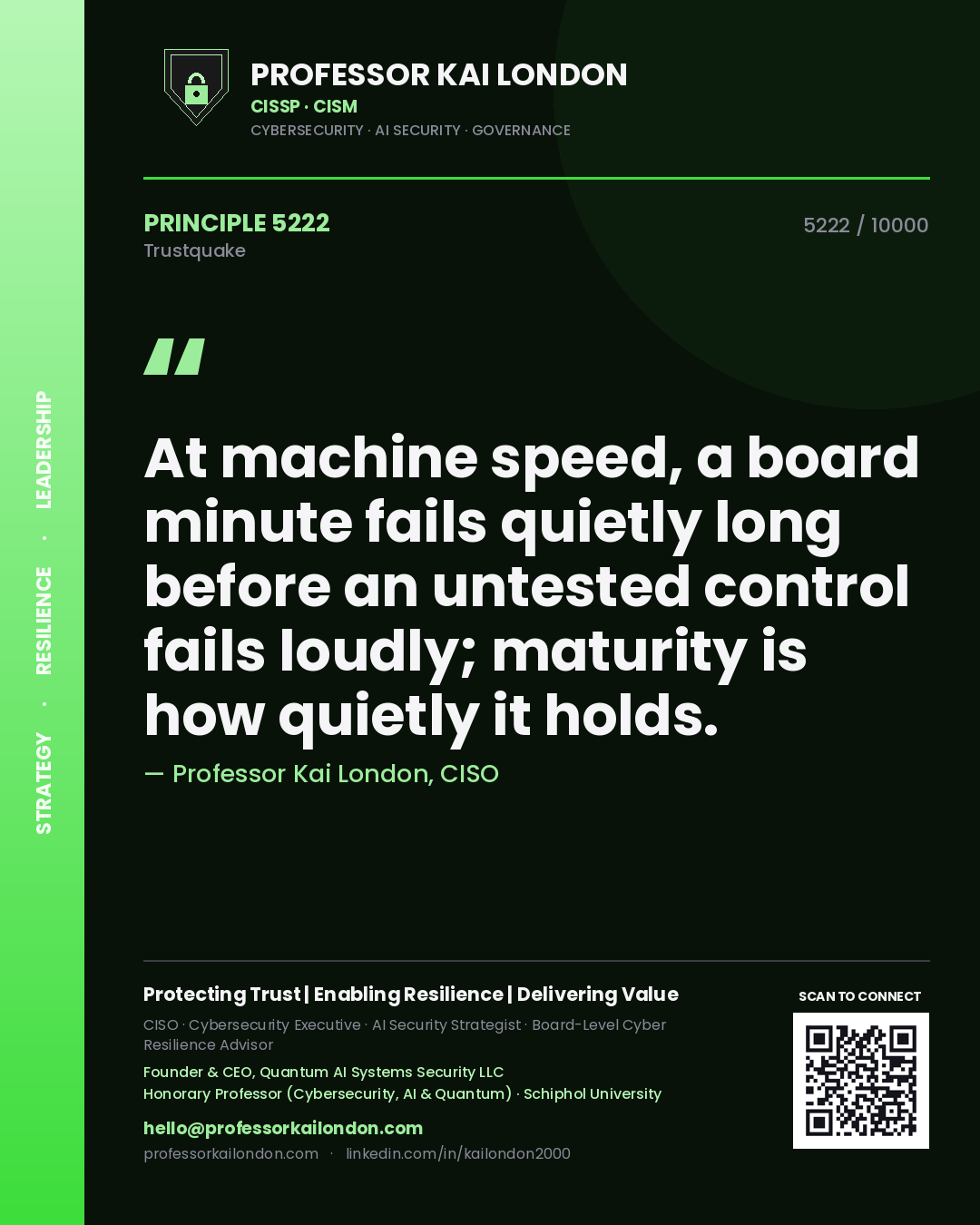 Quote card by Professor Kai London reading 'At machine speed, a board minute fails quietly long before an untested control fails loudly; maturity is how quietly it holds.'. From the book Trustquake.