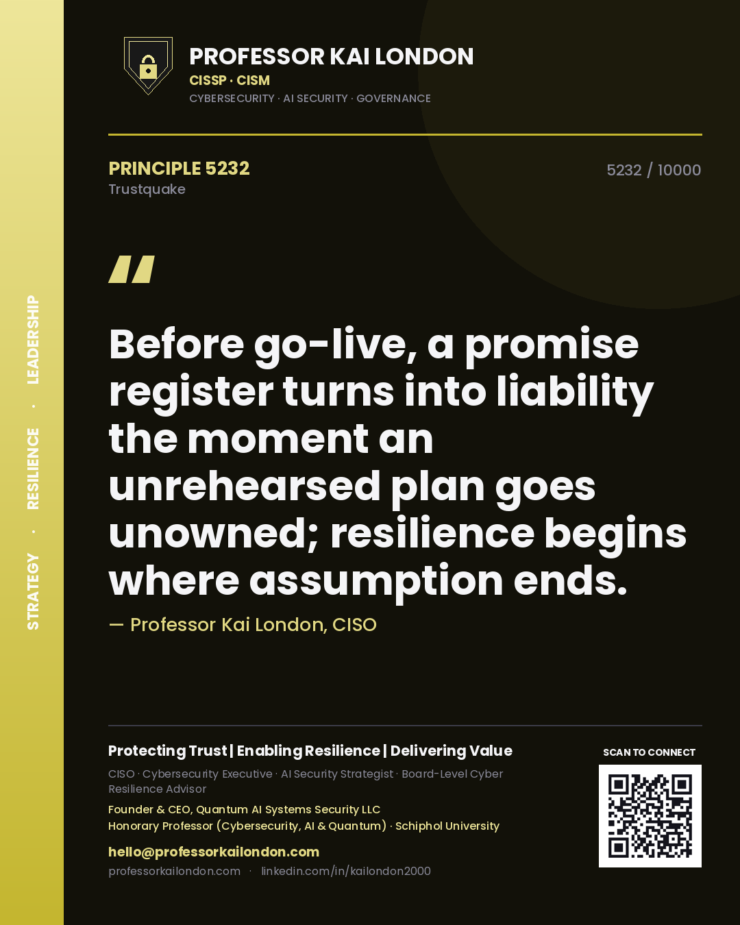 Quote card by Professor Kai London reading 'Before go-live, a promise register turns into liability the moment an unrehearsed plan goes unowned; resilience begins where assumption ends.'. From the book Trustquake.