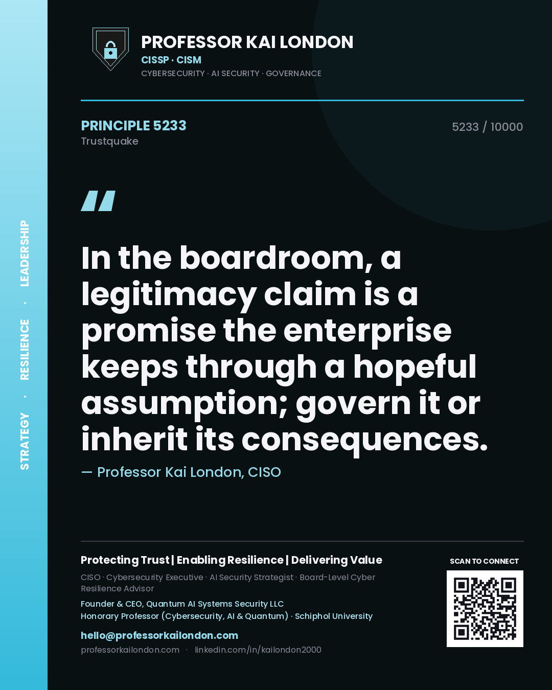 Quote card by Professor Kai London reading 'In the boardroom, a legitimacy claim is a promise the enterprise keeps through a hopeful assumption; govern it or inherit its consequences.'. From the book Trustquake.