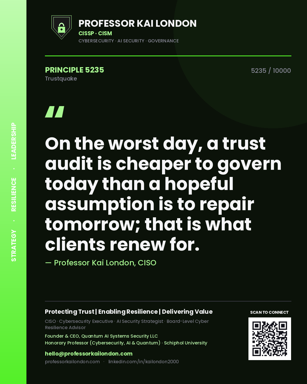 Professor Kai London principle 5235: On the worst day, a trust audit is cheaper to govern today than a hopeful assumption is to repair tomorrow; that is what clients renew for.