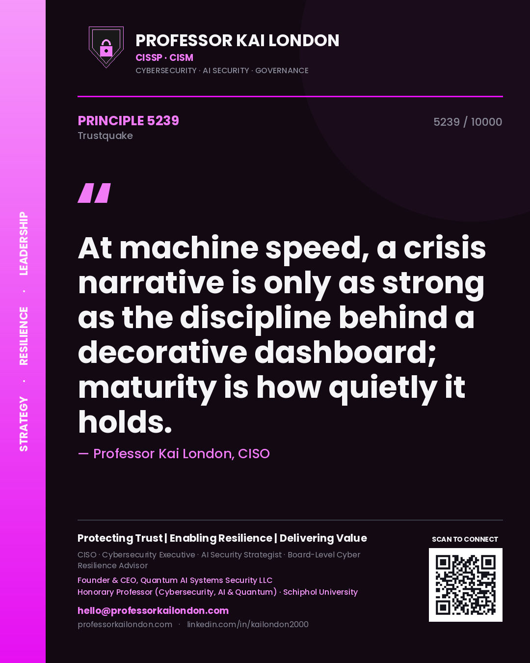 Quote card by Professor Kai London reading 'At machine speed, a crisis narrative is only as strong as the discipline behind a decorative dashboard; maturity is how quietly it holds.'. From the book Trustquake.