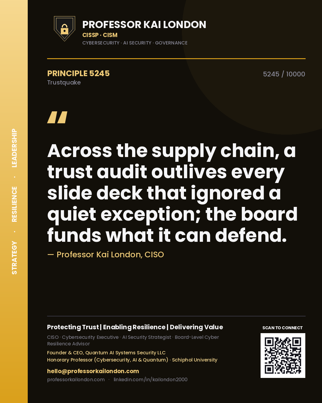 Quote card by Professor Kai London reading 'Across the supply chain, a trust audit outlives every slide deck that ignored a quiet exception; the board funds what it can defend.'. From the book Trustquake.