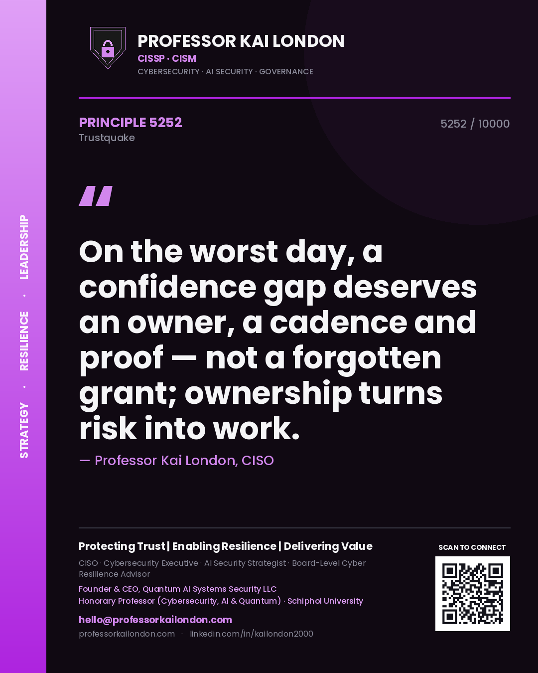 Quote card by Professor Kai London reading 'On the worst day, a confidence gap deserves an owner, a cadence and proof — not a forgotten grant; ownership turns risk into work.'. From the book Trustquake.