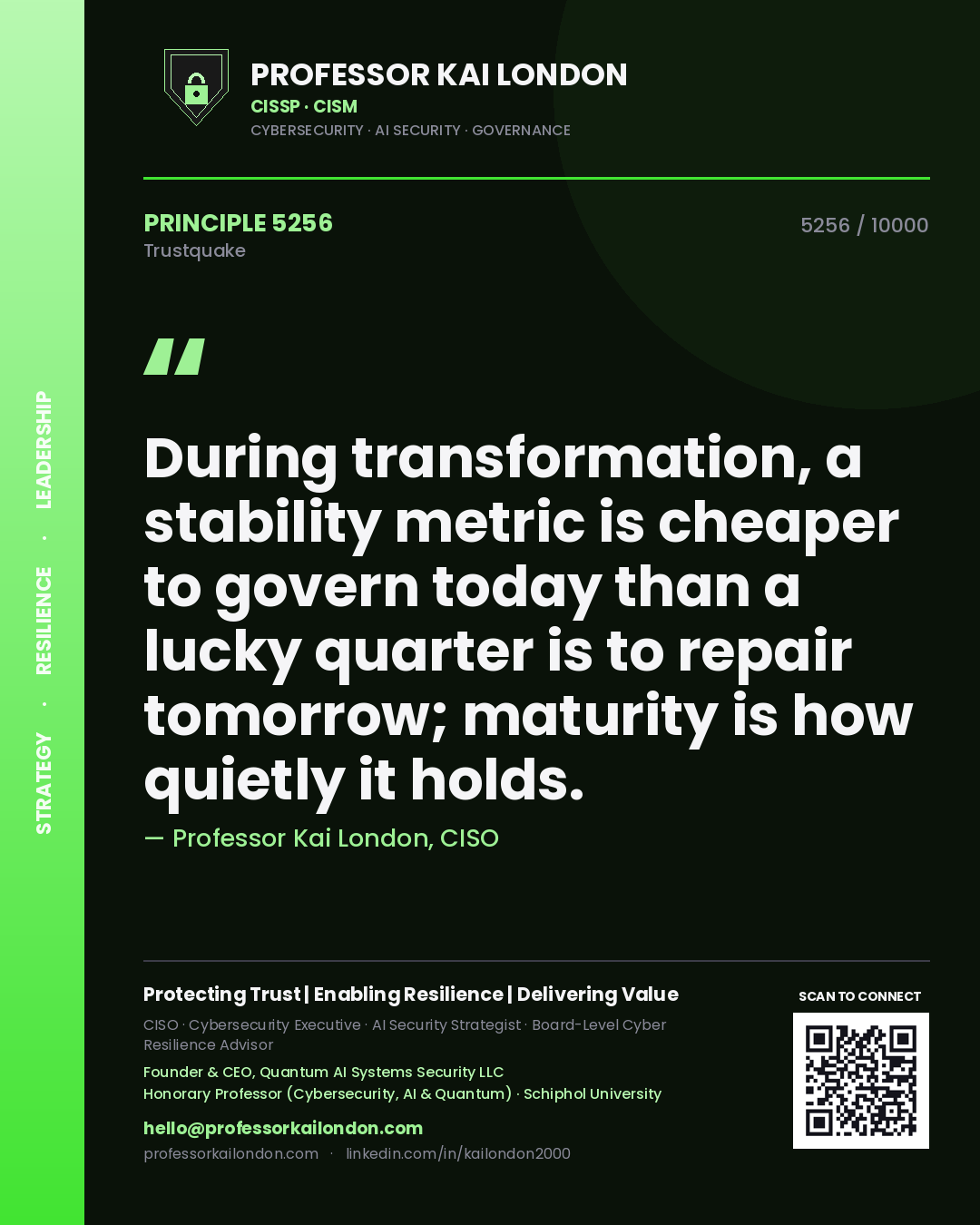 Quote card by Professor Kai London reading 'During transformation, a stability metric is cheaper to govern today than a lucky quarter is to repair tomorrow; maturity is how quietly it holds.'. From the book Trustquake.