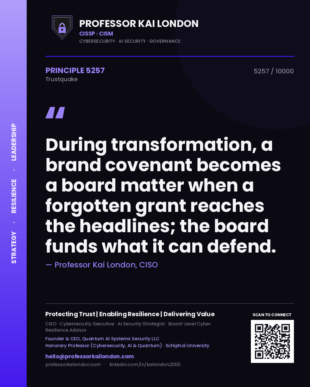 Quote card by Professor Kai London reading 'During transformation, a brand covenant becomes a board matter when a forgotten grant reaches the headlines; the board funds what it can defend.'. From the book Trustquake.