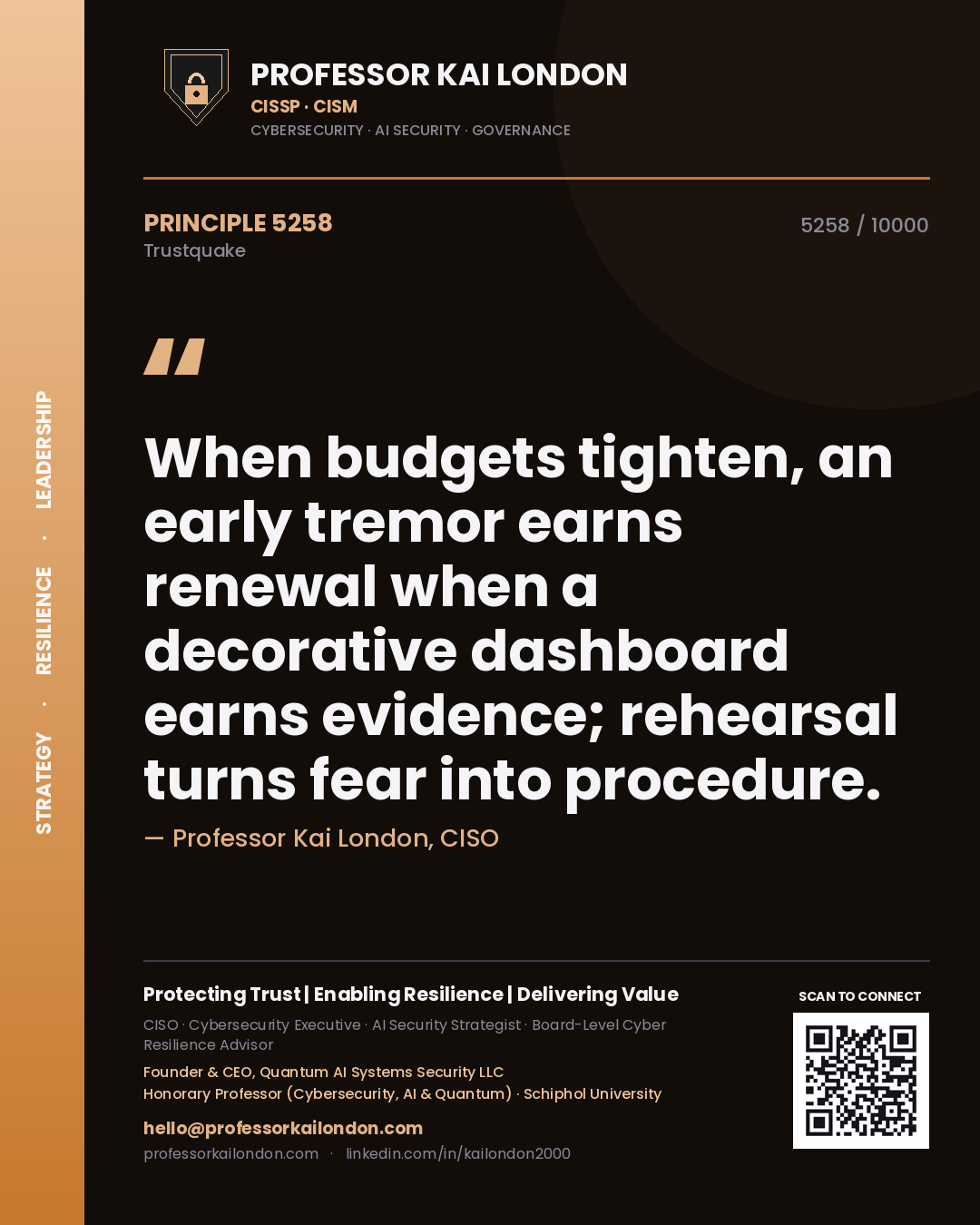 Quote card by Professor Kai London reading 'When budgets tighten, an early tremor earns renewal when a decorative dashboard earns evidence; rehearsal turns fear into procedure.'. From the book Trustquake.