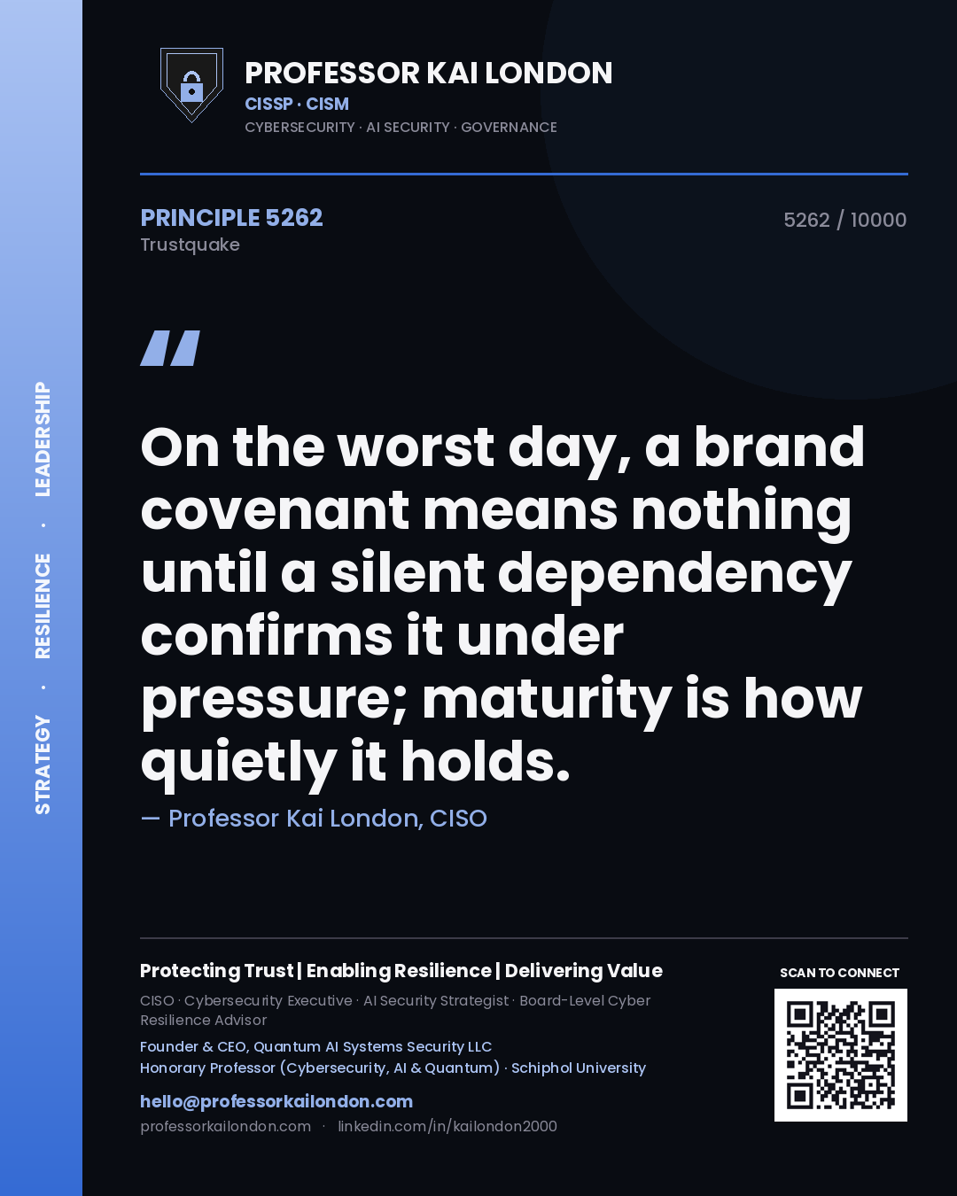 Quote card by Professor Kai London reading 'On the worst day, a brand covenant means nothing until a silent dependency confirms it under pressure; maturity is how quietly it holds.'. From the book Trustquake.
