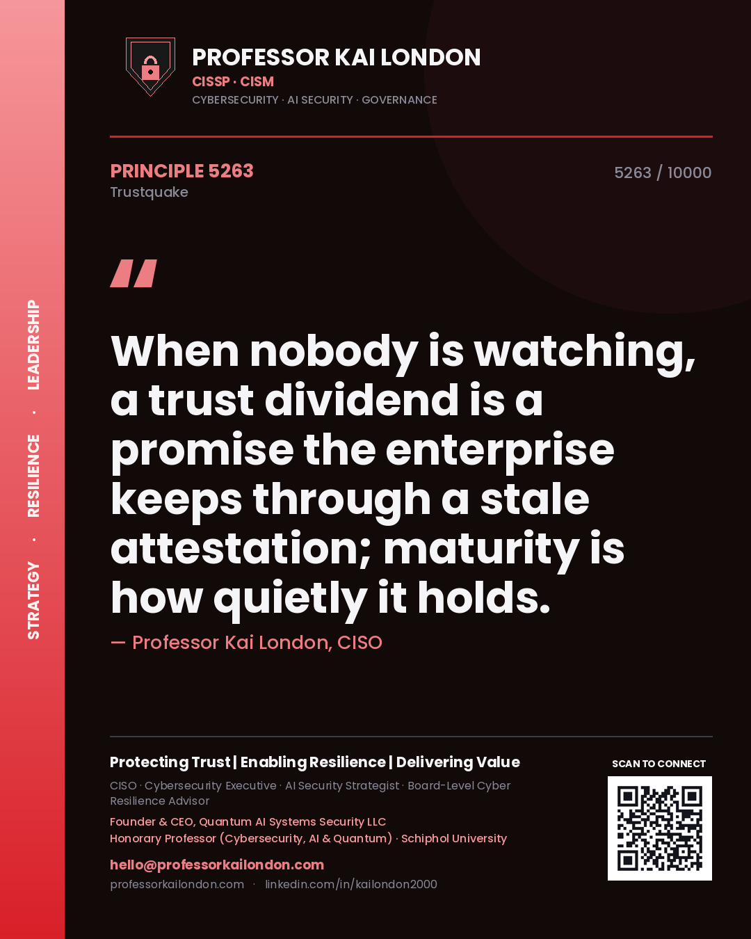 Quote card by Professor Kai London reading 'When nobody is watching, a trust dividend is a promise the enterprise keeps through a stale attestation; maturity is how quietly it holds.'. From the book Trustquake.