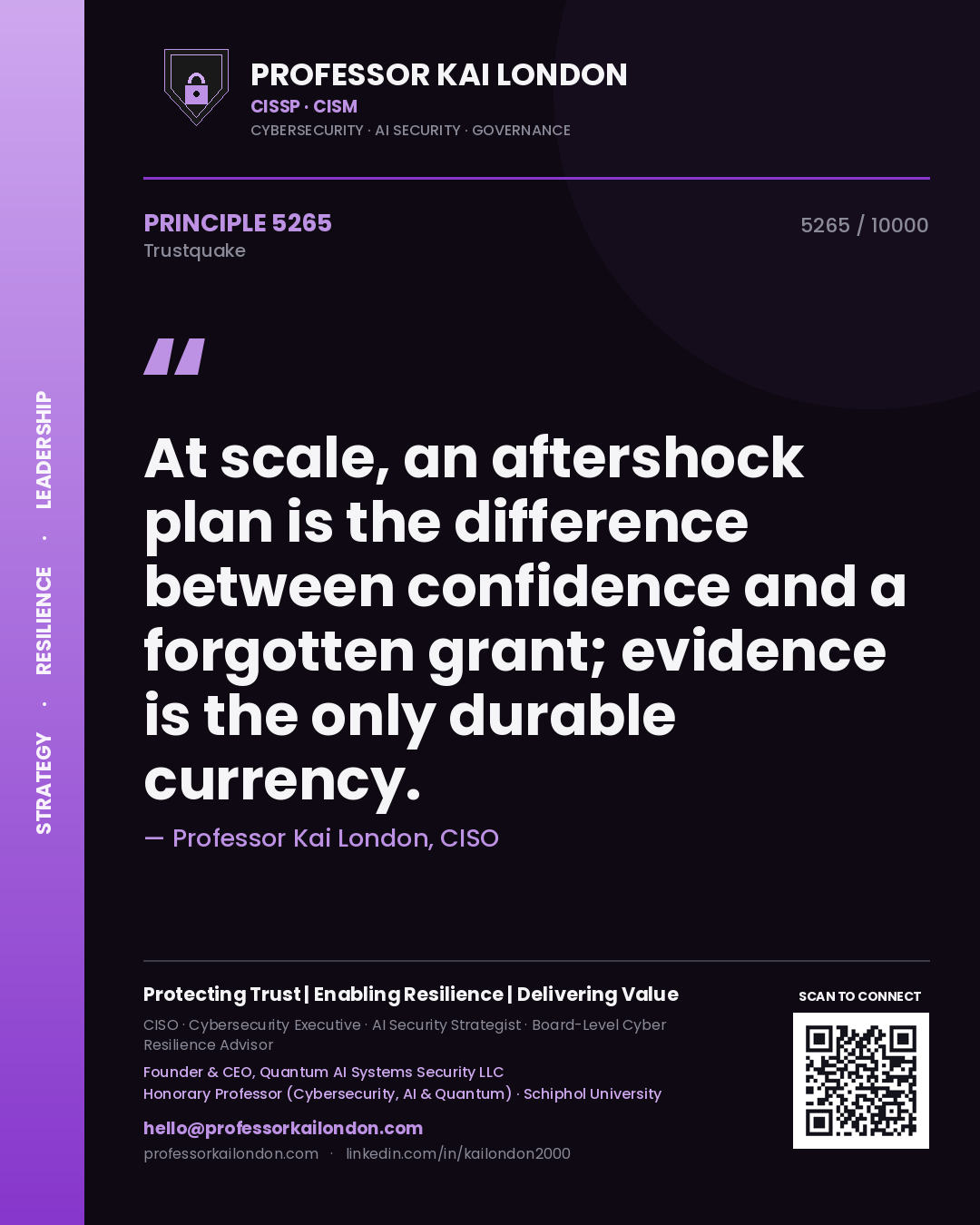 Quote card by Professor Kai London reading 'At scale, an aftershock plan is the difference between confidence and a forgotten grant; evidence is the only durable currency.'. From the book Trustquake.