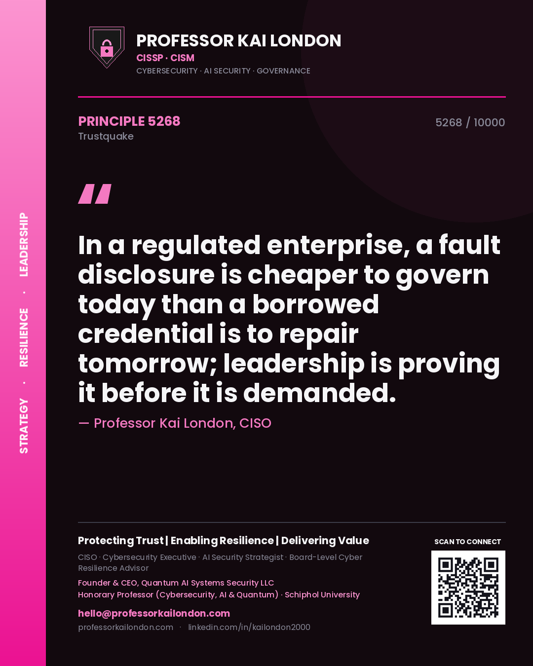 Quote card by Professor Kai London reading 'In a regulated enterprise, a fault disclosure is cheaper to govern today than a borrowed credential is to repair tomorrow; leadership is proving it before it is demanded.'. From the book Trustquake.
