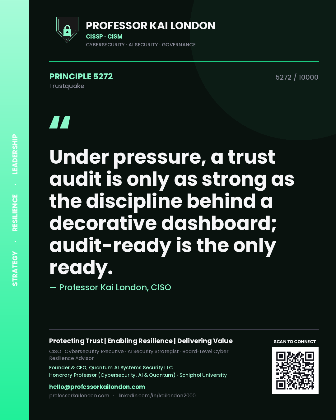 Professor Kai London principle 5272: Under pressure, a trust audit is only as strong as the discipline behind a decorative dashboard; audit-ready is the only ready.