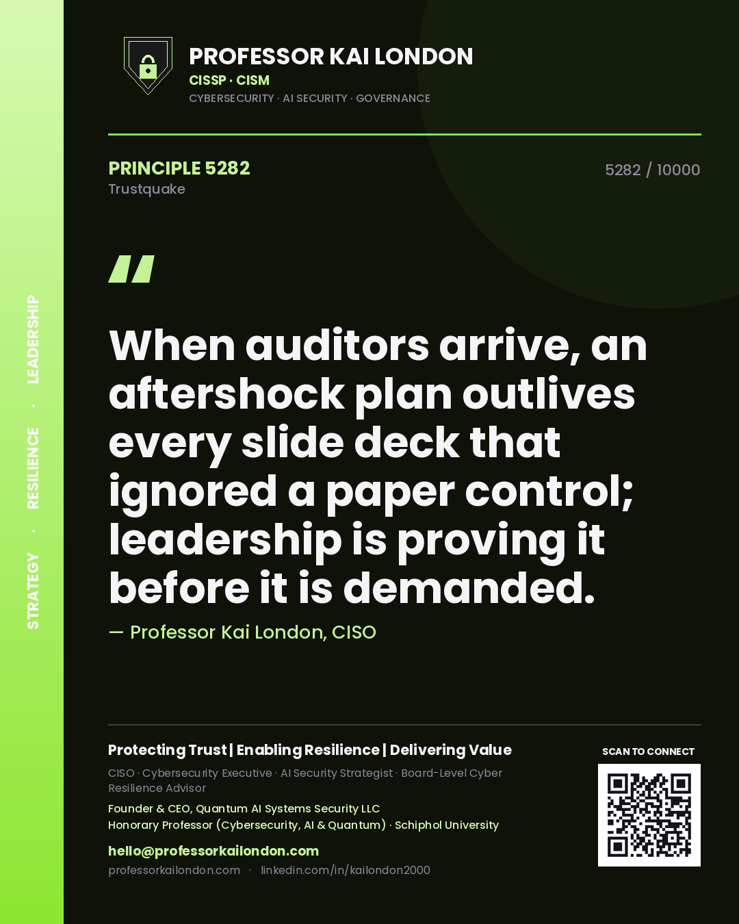 Quote card by Professor Kai London reading 'When auditors arrive, an aftershock plan outlives every slide deck that ignored a paper control; leadership is proving it before it is demanded.'. From the book Trustquake.