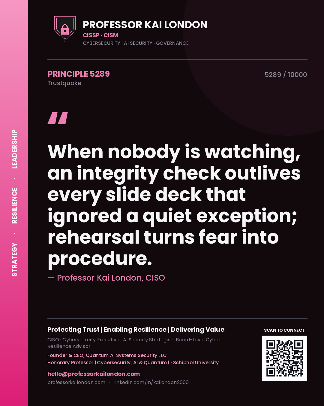 Quote card by Professor Kai London reading 'When nobody is watching, an integrity check outlives every slide deck that ignored a quiet exception; rehearsal turns fear into procedure.'. From the book Trustquake.