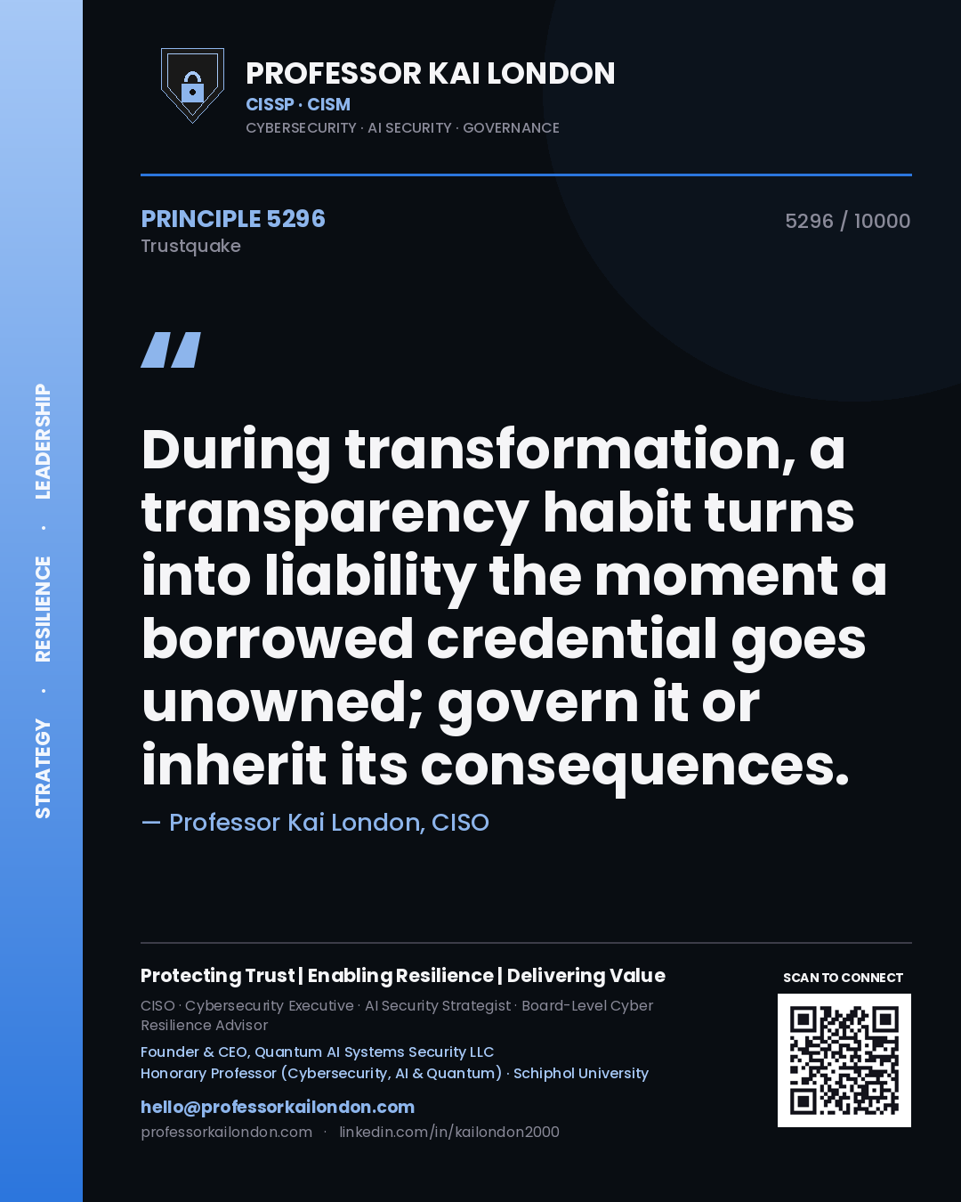 Quote card by Professor Kai London reading 'During transformation, a transparency habit turns into liability the moment a borrowed credential goes unowned; govern it or inherit its consequences.'. From the book Trustquake.