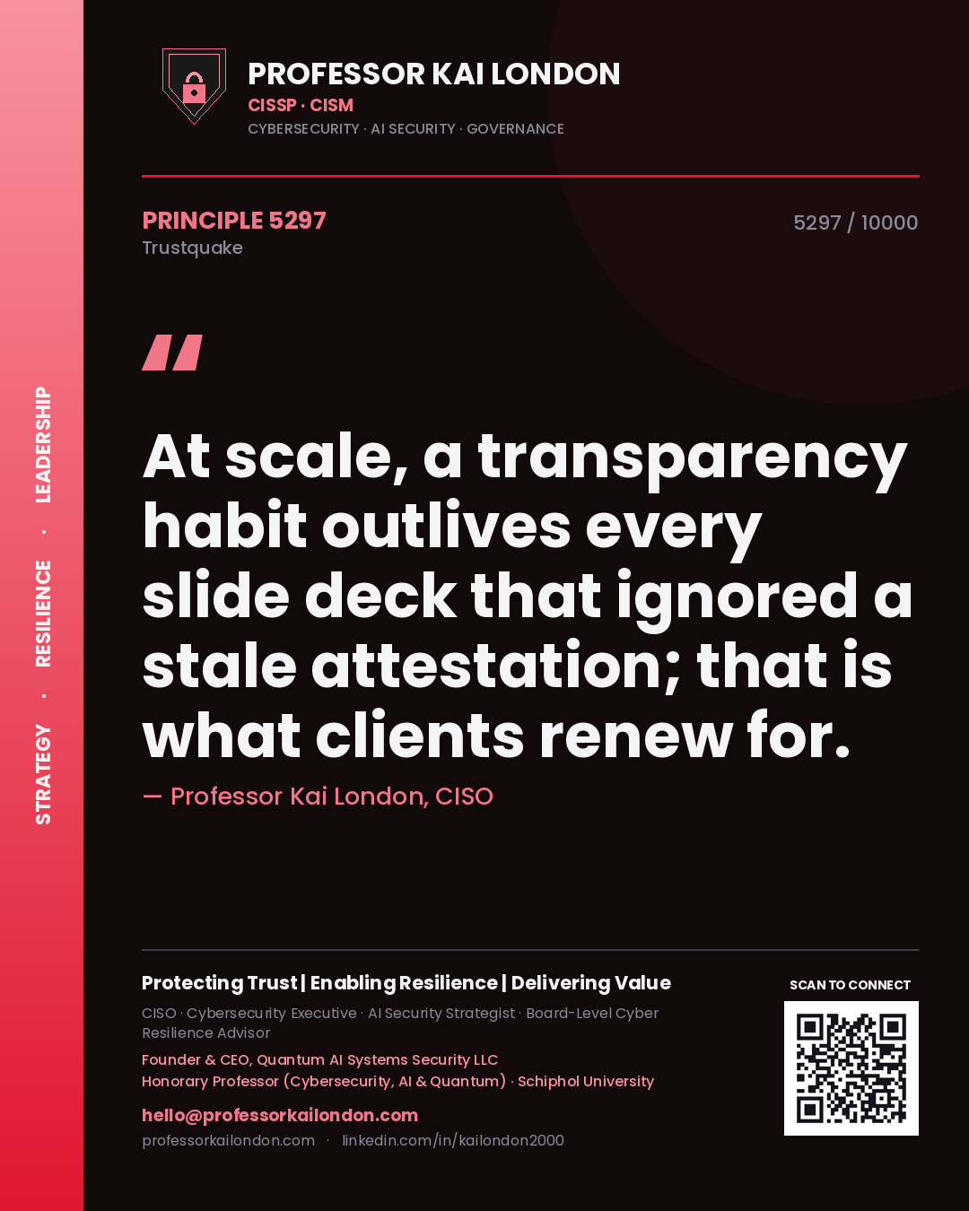 Professor Kai London principle 5297: At scale, a transparency habit outlives every slide deck that ignored a stale attestation; that is what clients renew for.