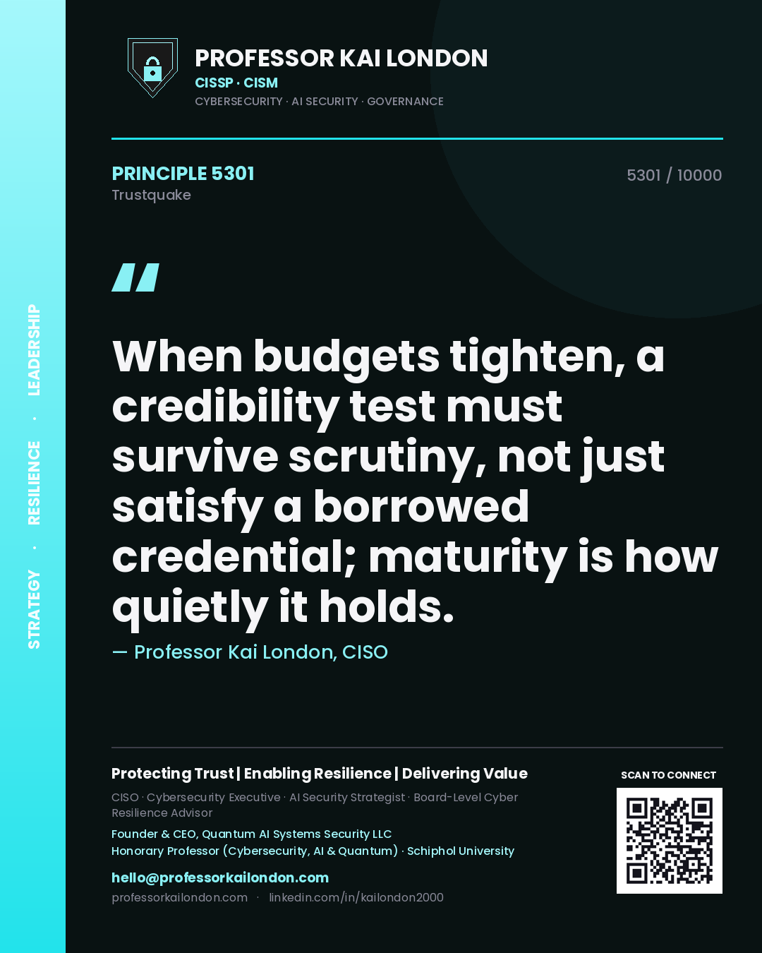 Professor Kai London principle 5301: When budgets tighten, a credibility test must survive scrutiny, not just satisfy a borrowed credential; maturity is how quietly it holds.