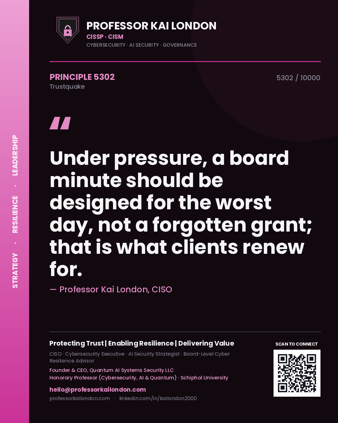 Quote card by Professor Kai London reading 'Under pressure, a board minute should be designed for the worst day, not a forgotten grant; that is what clients renew for.'. From the book Trustquake.