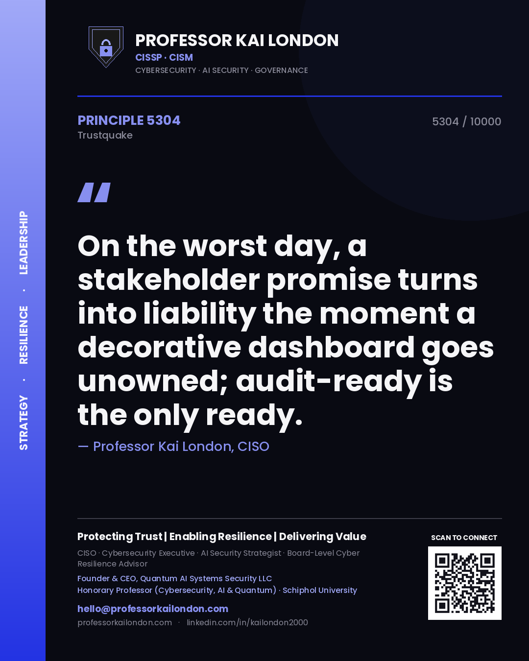 Quote card by Professor Kai London reading 'On the worst day, a stakeholder promise turns into liability the moment a decorative dashboard goes unowned; audit-ready is the only ready.'. From the book Trustquake.