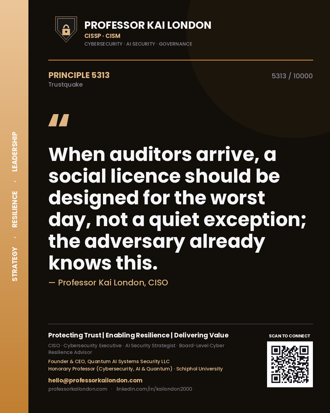 Quote card by Professor Kai London reading 'When auditors arrive, a social licence should be designed for the worst day, not a quiet exception; the adversary already knows this.'. From the book Trustquake.