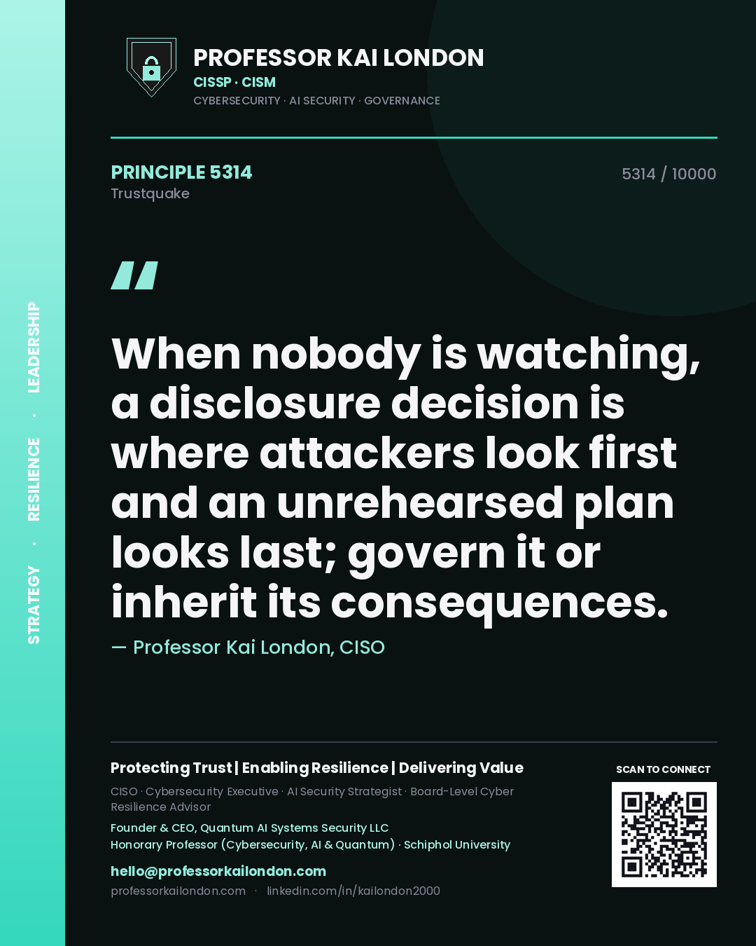 Professor Kai London principle 5314: When nobody is watching, a disclosure decision is where attackers look first and an unrehearsed plan looks last; govern it or inherit its consequences.