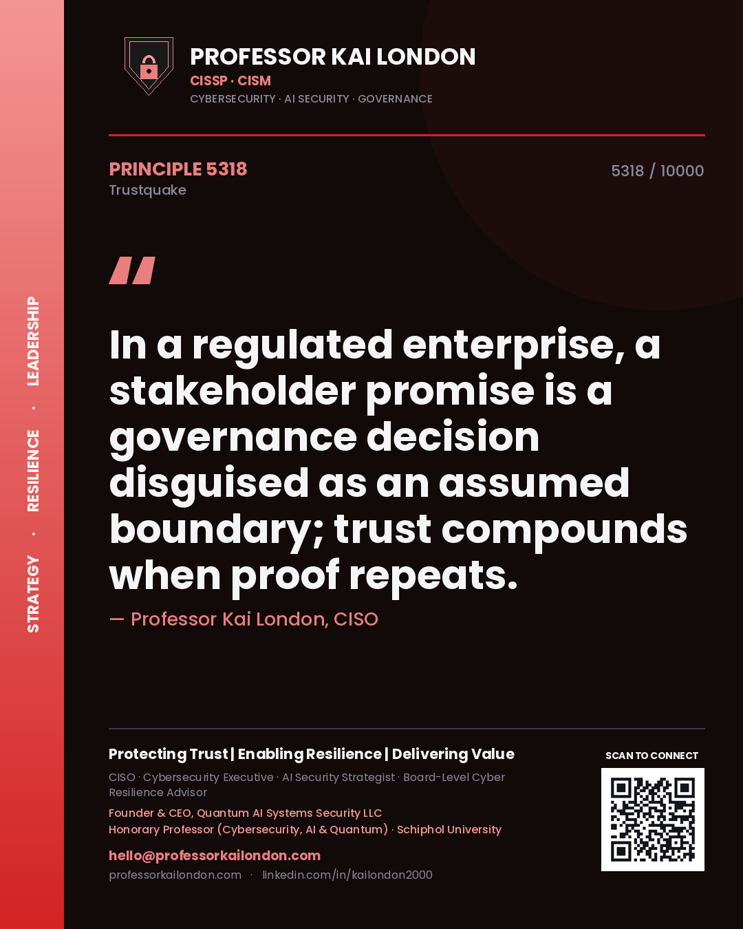 Professor Kai London principle 5318: In a regulated enterprise, a stakeholder promise is a governance decision disguised as an assumed boundary; trust compounds when proof repeats.