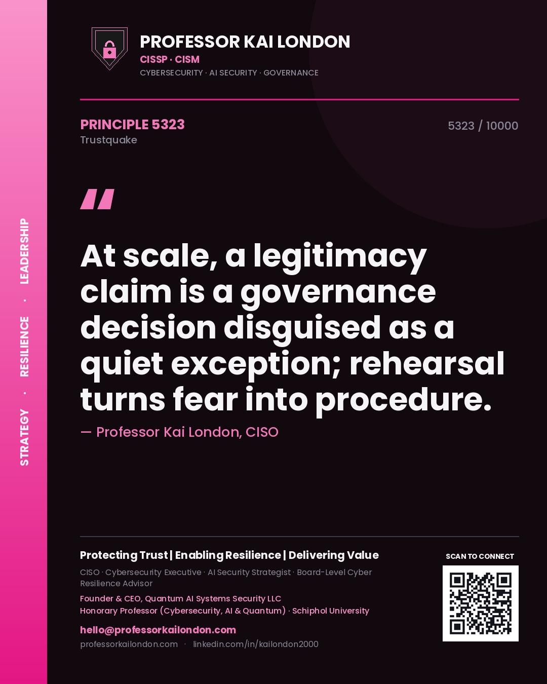 Quote card by Professor Kai London reading 'At scale, a legitimacy claim is a governance decision disguised as a quiet exception; rehearsal turns fear into procedure.'. From the book Trustquake.