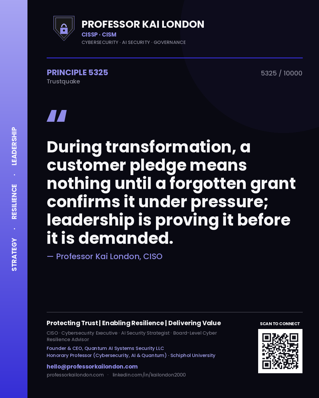 Quote card by Professor Kai London reading 'During transformation, a customer pledge means nothing until a forgotten grant confirms it under pressure; leadership is proving it before it is demanded.'. From the book Trustquake.