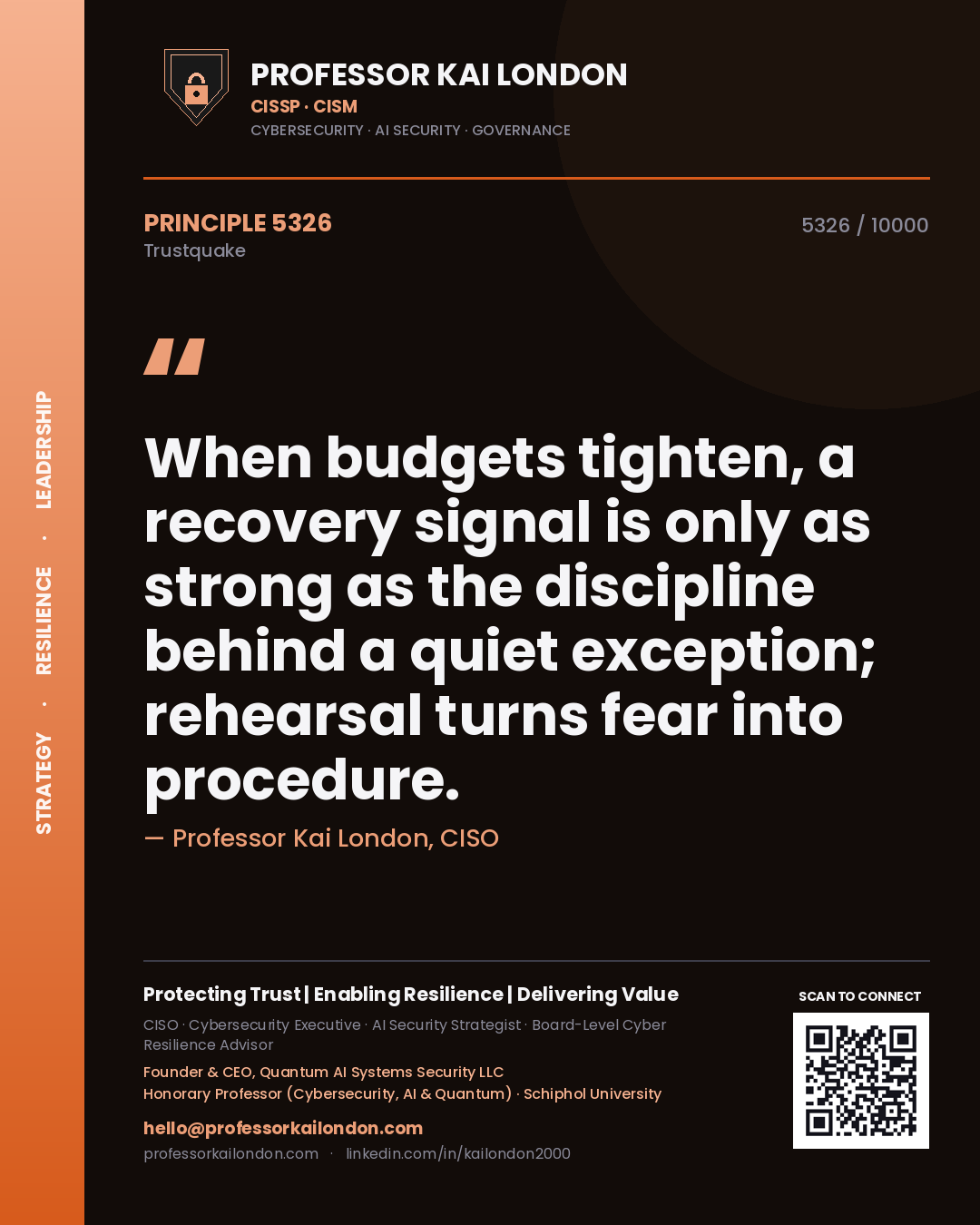 Quote card by Professor Kai London reading 'When budgets tighten, a recovery signal is only as strong as the discipline behind a quiet exception; rehearsal turns fear into procedure.'. From the book Trustquake.